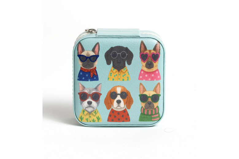 Caixa azul turquesa com ilustrações de cães estilosos