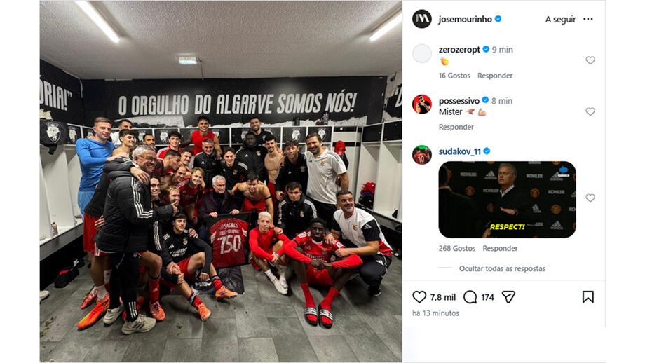 Mourinho celebra 750.ª vitória com equipa e recebe 'Respect' de Sudakov