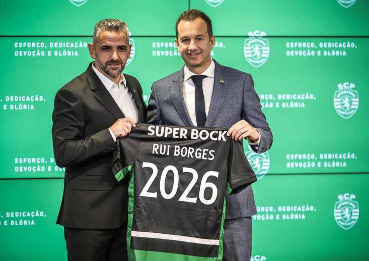 Rui Borges e Frederico Varandas na apresentação do treinador em Alvalade