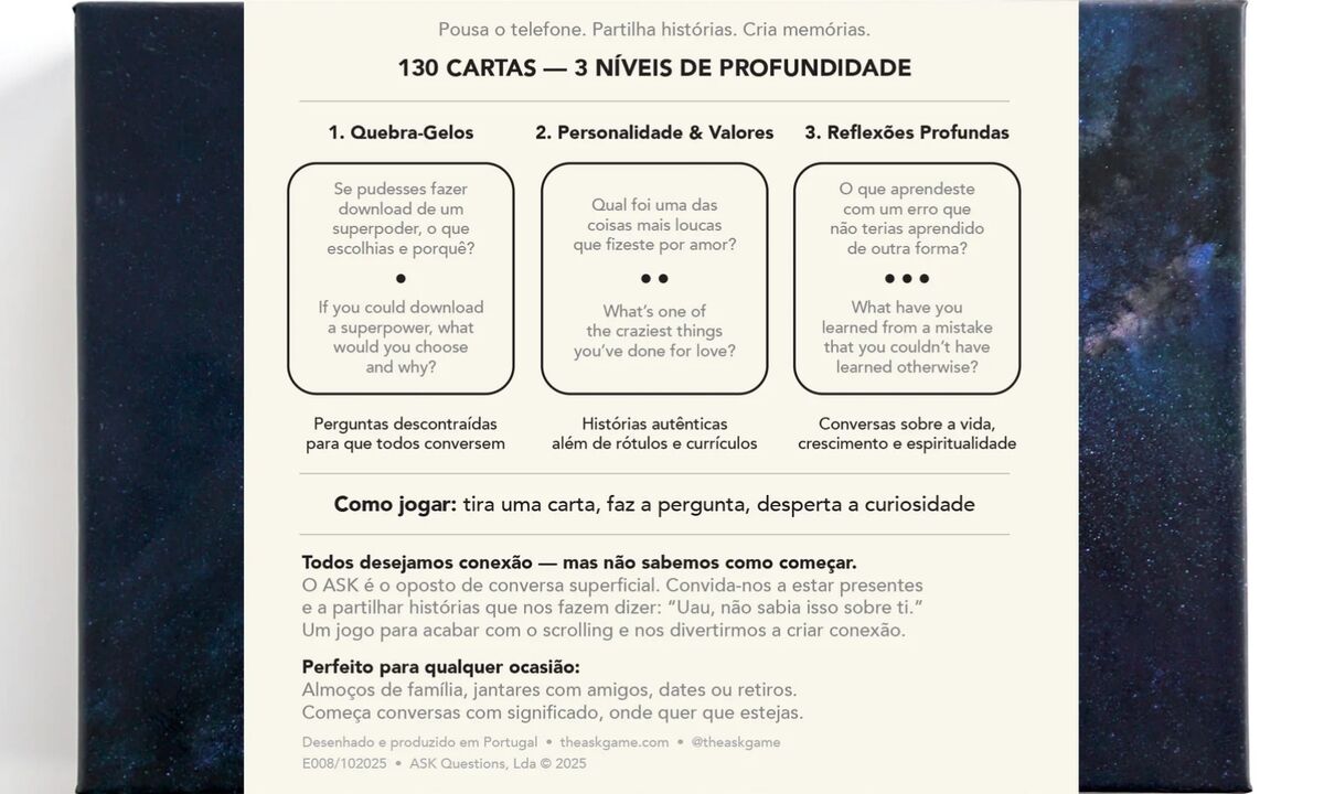 Um jogo de cartas com 130 perguntas e três níveis de profundidade para conversas significativas.
