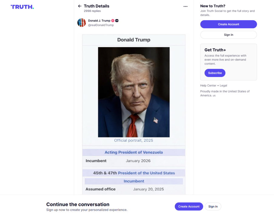 Trump alega ser presidente interino da Venezuela na Truth Social
