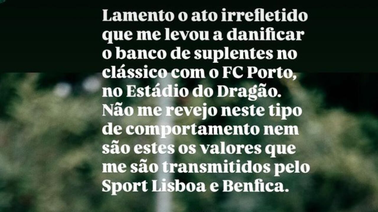 Gonçalo Oliveira lamenta ter danificado banco no clássico com o FC Porto no Estádio do Dragão