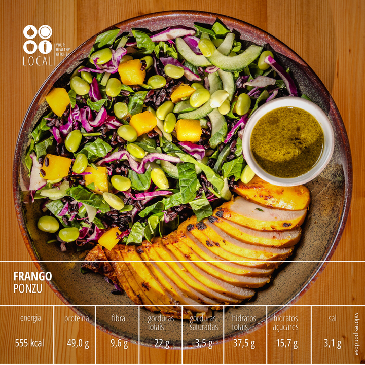 Frango Ponzu: refeição equilibrada com informação nutricional detalhada