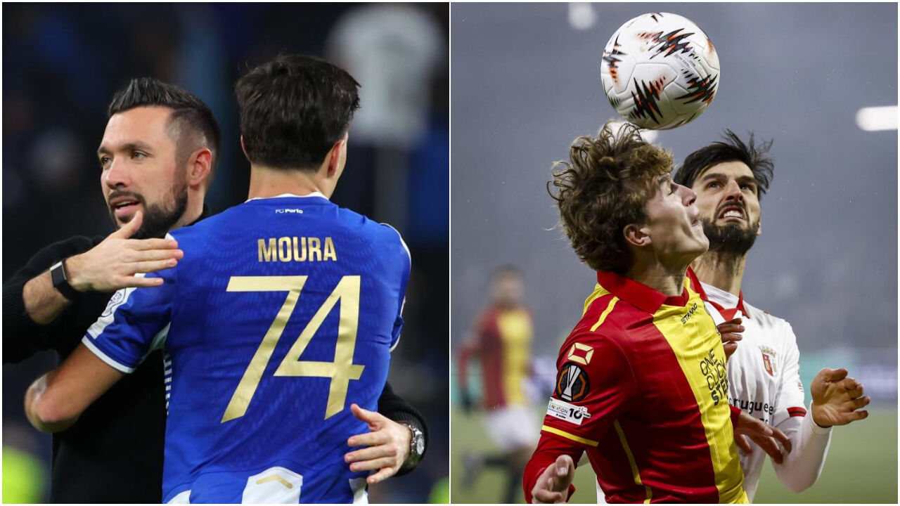 Farioli abraça Francisco Moura e um dos momentos do jogo entre G. A. Eagles e Sp. Braga