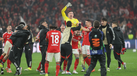 Jogadores do Benfica comemoram apuramento para o playoff da Champions após golo de Trubin frente ao Real Madrid no último segundo