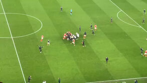 Jogadores de mãos na cabeça e outros abraçados no relvado: loucura total no final do Benfica-Real