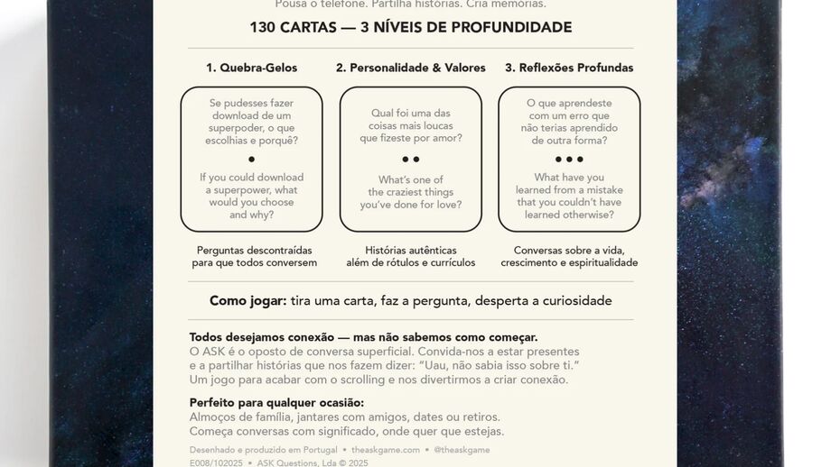 Um jogo de cartas com 130 perguntas e três níveis de profundidade para conversas significativas.
