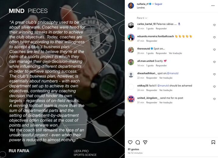 A publicação de ex-adjunto de Mourinho que adeptos do Man. United não deixaram passar