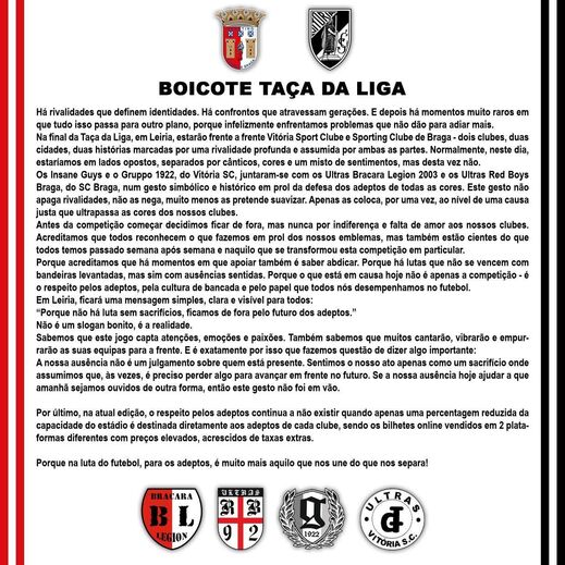 Claques de V. Guimarães e Braga protestam em Leiria contra a Taça da Liga