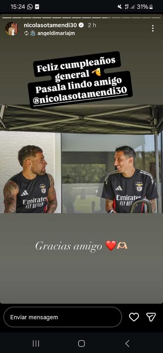 Di María dá os parabéns a Otamendi no dia de aniversário