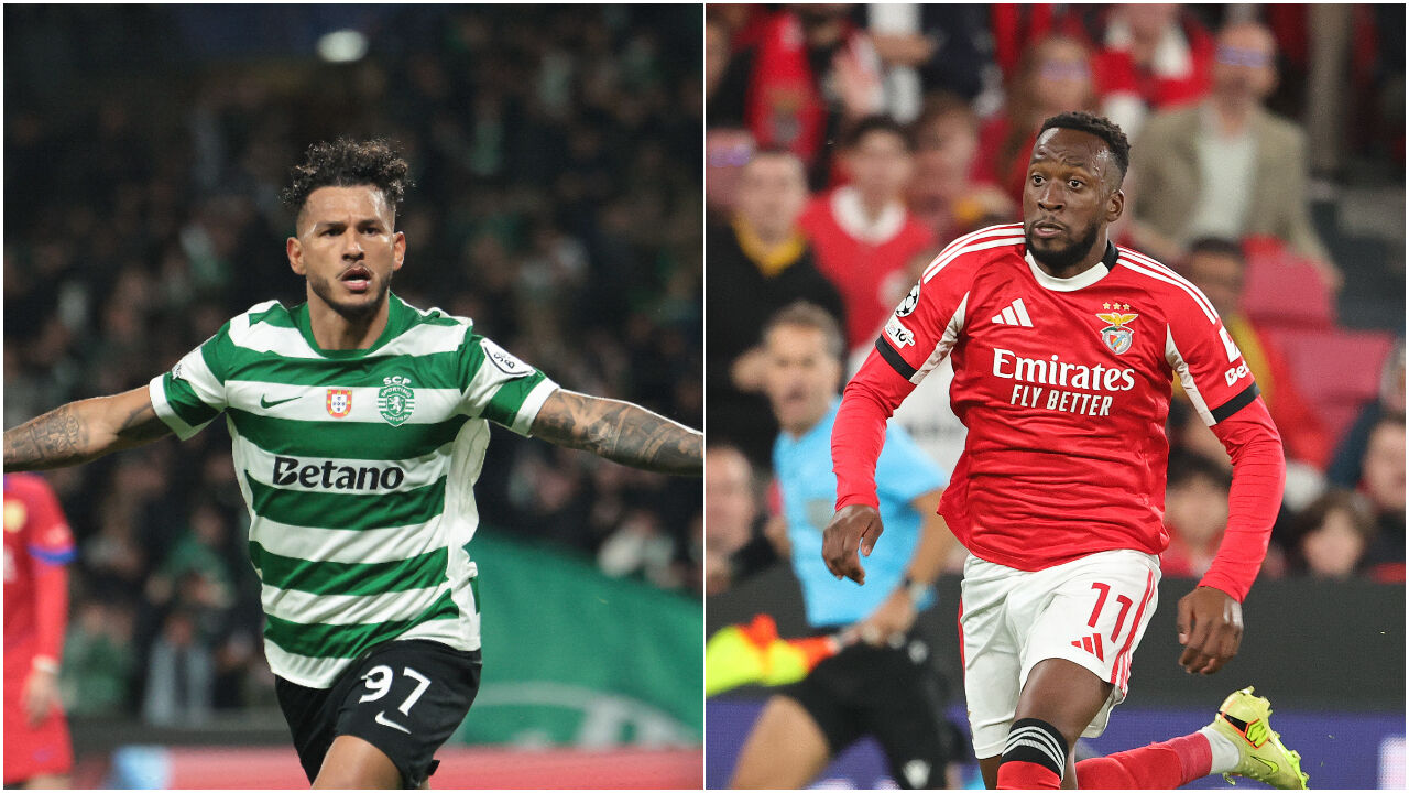 Luis Suárez (Sporting) à esquerda e Dodi Lukebakio (Benfica) à direita