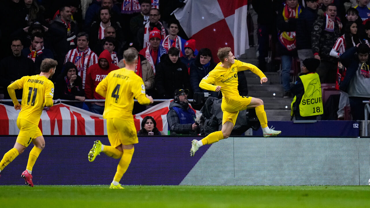 Jogadores do Bodo/Glimt festejam durante a vitória sobre o At. Madrid