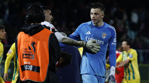 Trubin cumprimenta Bernardo, guarda-redes do Tondela, após o empate do Benfica