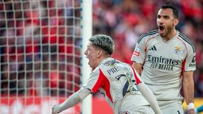 Jogadores do Benfica celebram golo no jogo contra o Santa Clara