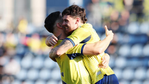 Jogadores do Arouca festejam golos frente ao Nacional