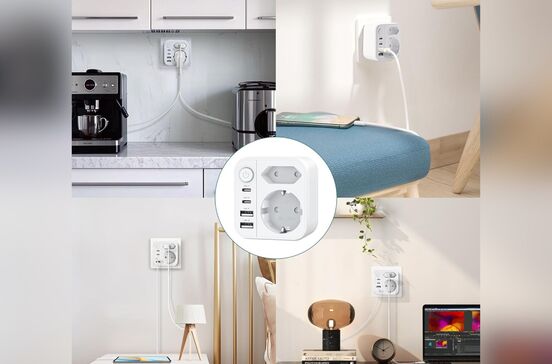 Adaptador com tomadas e portas USB para carregar vários dispositivos