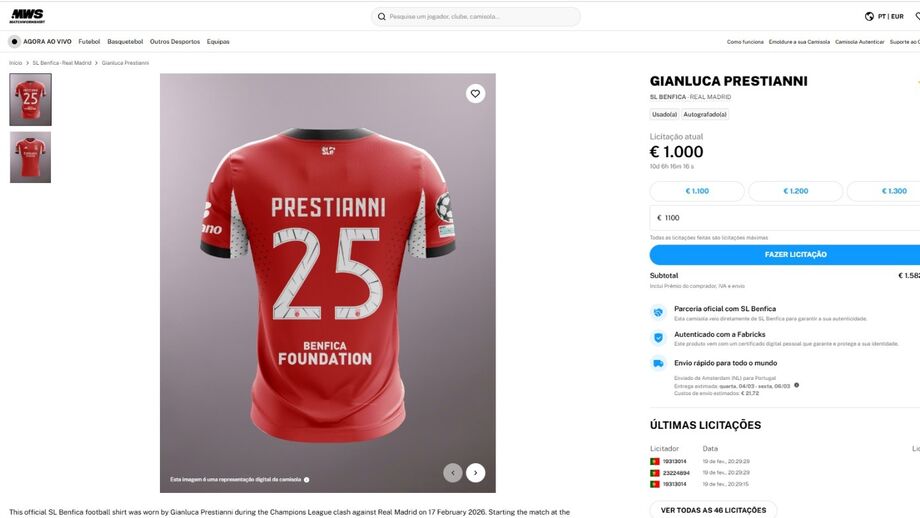 A camisola de Gianluca Prestianni em leilão