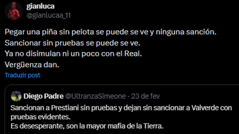 A publicação que Prestianni fez no 'X' e entretanto apagou