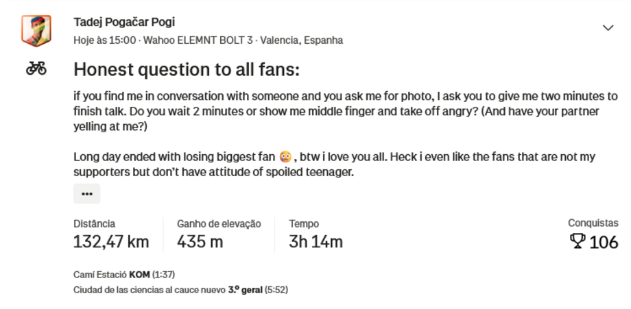 A partilha de Pogacar no Strava