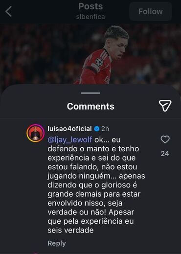 Os comentários de Luisão na publicação do Benfica