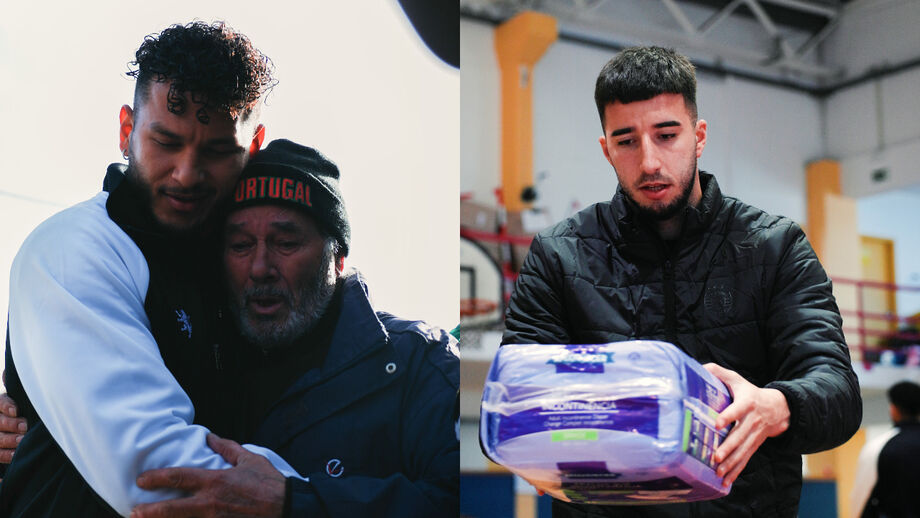 O abraço de Suárez a Arsénio Cruz e Gonçalo Inácio a entregar donativos no Gimnodesportivo da Marinha Grande