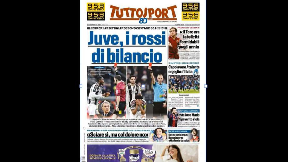 Capa do 'Tuttosport' a destacar o peso que a eliminação da Juventus da Liga dos Campeões terá no orçamento do clube