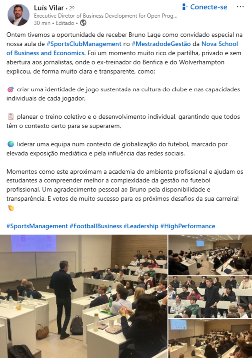 Publicação de Luís Vilar sobre aula de Bruno Lage 