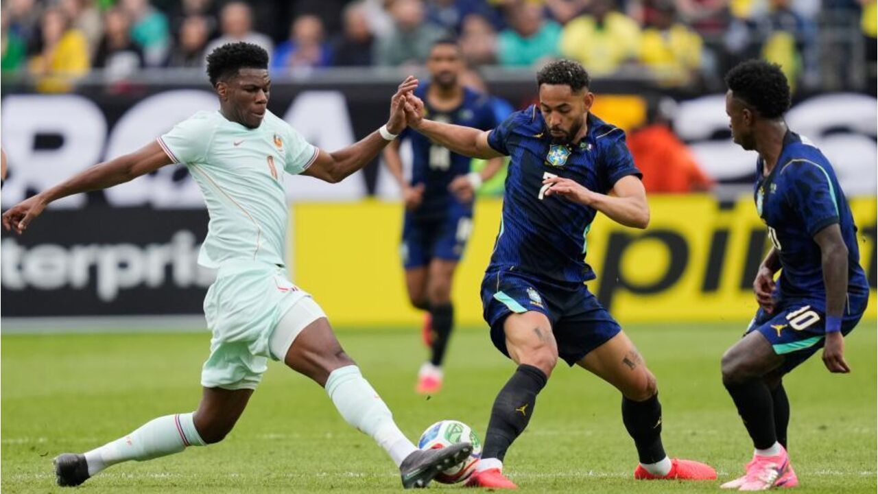 Tchouaméni com Matheus Cunha e Vini Junior no Brasil-França