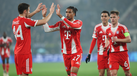 Jogadores do Bayern Munique festejam golo frente à Atalanta