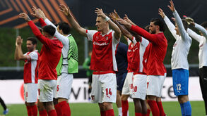 Jogadores do Sp. Braga festejam goleada ao Ferencváros