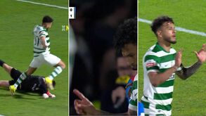 O momento do penálti que Suárez garantiu não ter sofrido, o gesto a dizer que não houve falta sobre si e depois a incredulidade pelo amarelo visto por simulação