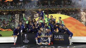 Chelsea festeja a vitória na Liga Europa de 2019 em Baku.
