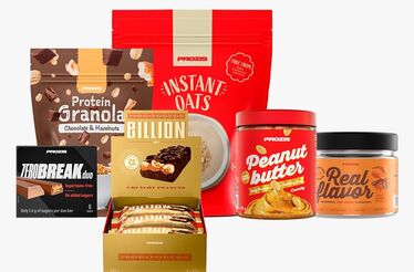 Variedade de produtos Prozis: waffles, proteína, aveia, creatina, manteiga de amendoim e brownie