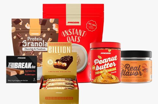 Variedade de produtos Prozis: waffles, proteína, aveia, creatina, manteiga de amendoim e brownie