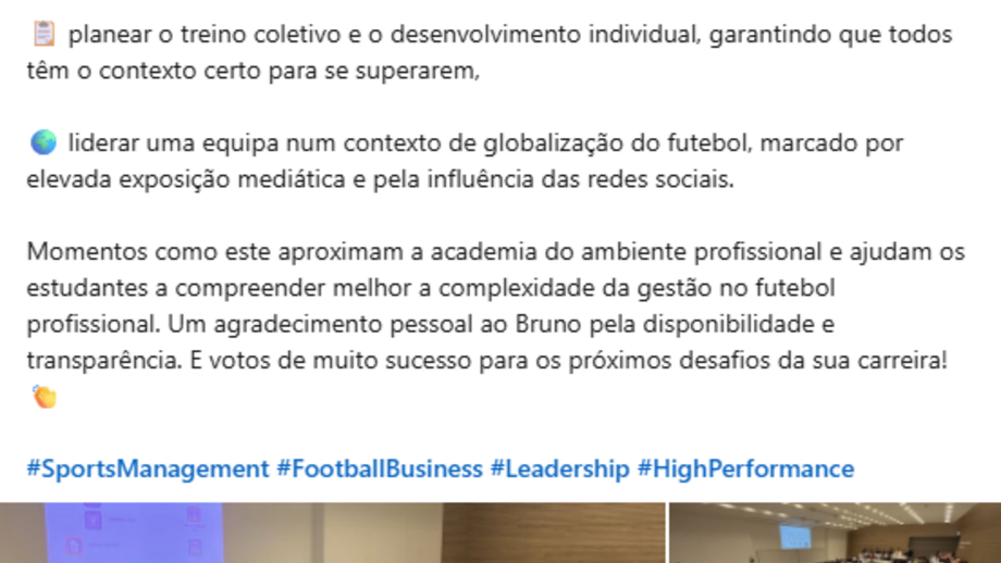 Publicação de Luís Vilar sobre aula de Bruno Lage 