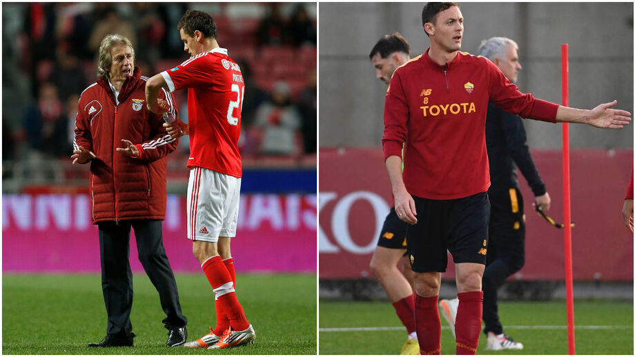 Nemanja Matic à conversa com Jorge Jesus (à esquerda) e no treino da AS Roma, com Mourinho (à direita)