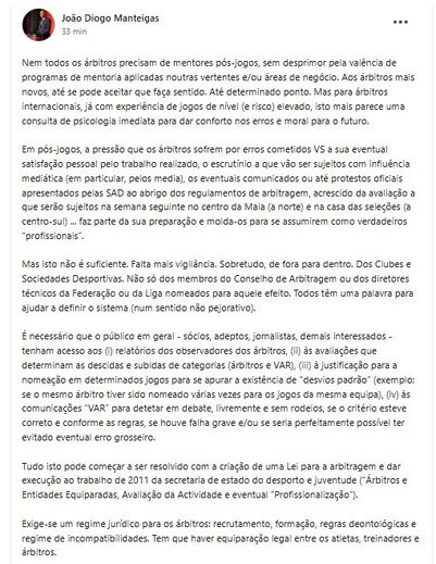 A publicação de João Diogo Manteigas no 'LinkdIn' 