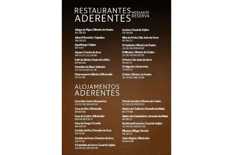 Lista de restaurantes e alojamentos aderentes em Oliveira de Frades e arredores