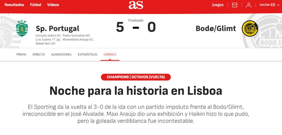 'As' fala numa 'noite para a história em Lisboa', reforçando que a 'remontada' do Sporting é 'a mais cruel de sempre'