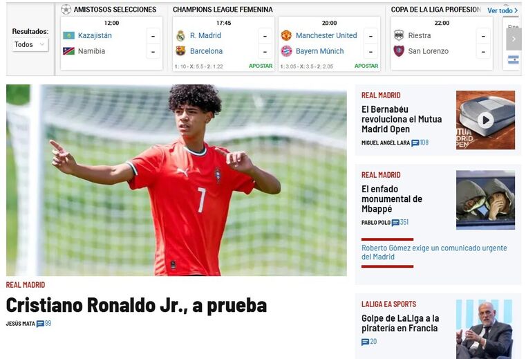 Cristianinho na manchete do jornal 'Marca'