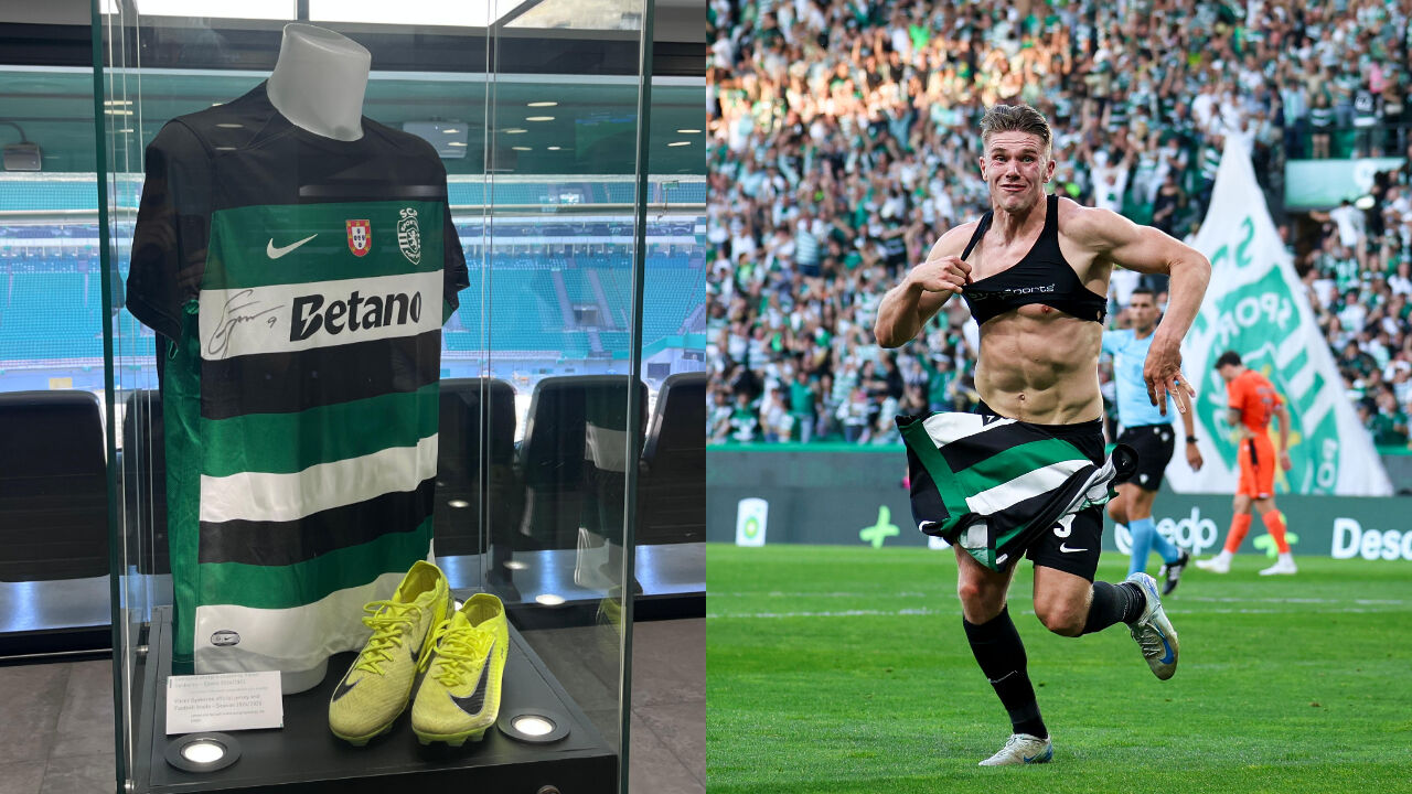 Camisola e botas estiveram expostar junto à tribuna presidencial; ao lado, o último jogo de Viktor em 'casa'