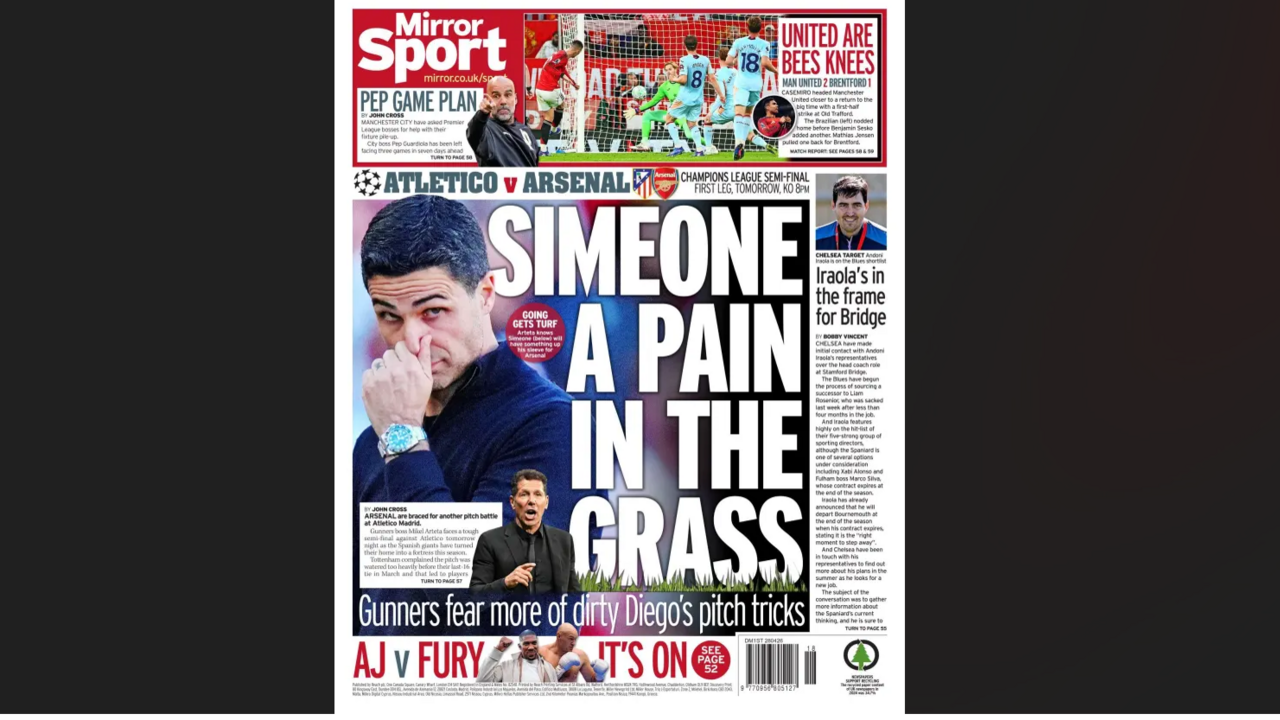 A manchete do 'Mirror Sport' esta terça-feira (28/04/2026)