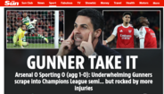 'The Sun': 'Arsenal nas meias-finais da Champions após exibição pouco convincente e... afetado por mais lesões'