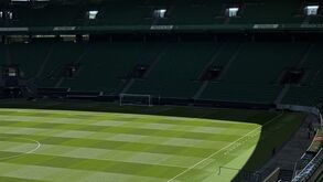 Estádio com bancadas verdes e mensagens de esforço e dedicação para o jogo Sporting-Santa Clara