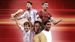 A história das fases finais dos Mundiais, com Lionel Messi, Cristiano Ronaldo, Diego Maradona, Pelé e Eusébio