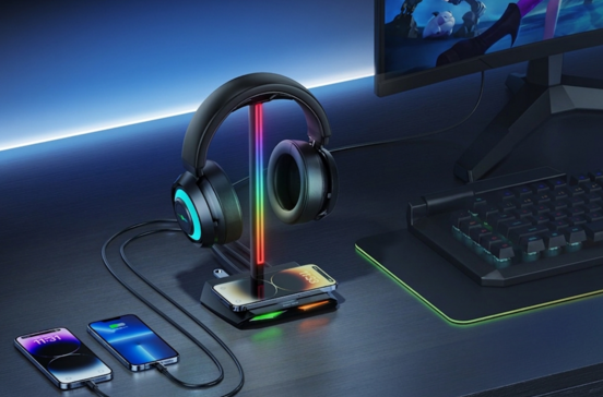 Suporte gaming New Bee RGB com carregamento para smartphones e auscultadores