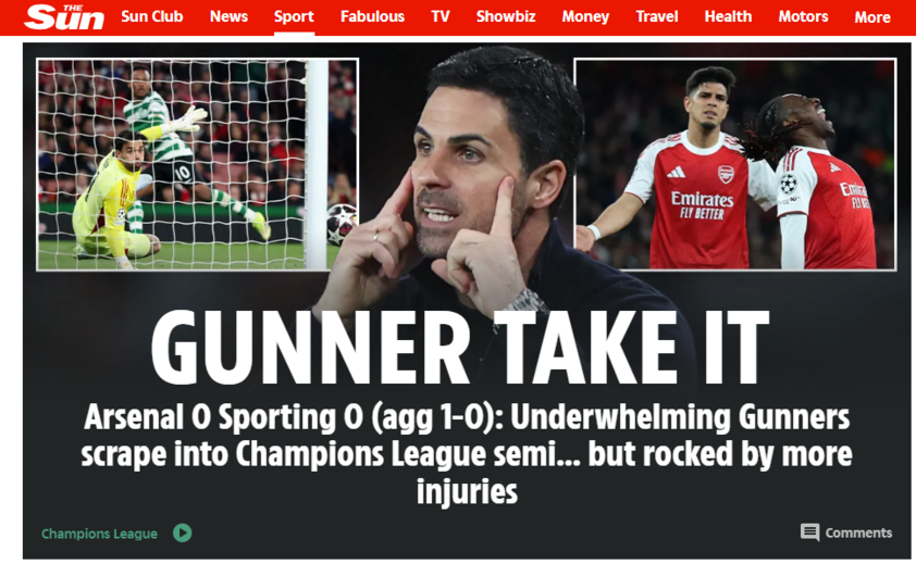 'The Sun': 'Arsenal nas meias-finais da Champions após exibição pouco convincente e... afetado por mais lesões'