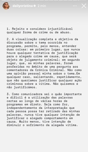 Cristina Ferreira rejeita crimes e abusos e esclarece opinião sobre comentários na Crónica Criminal.

