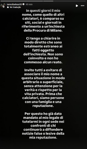 A mensagem deixada por Rafael Leão nas redes sociais
