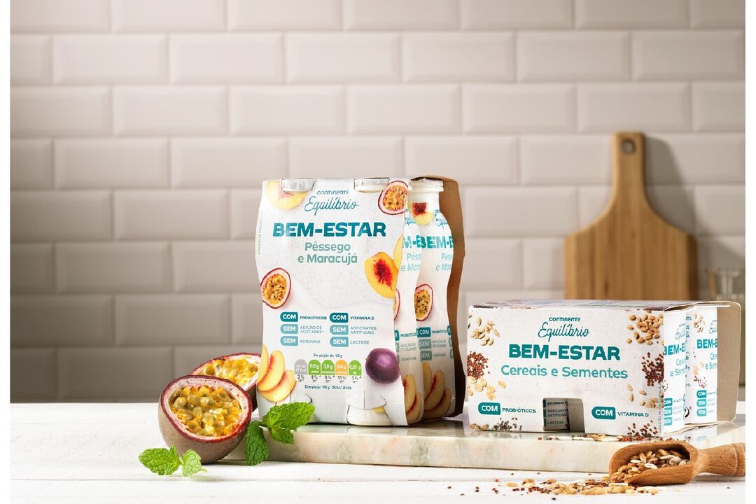 Novo iogurte Continente Equilíbrio Bem-Estar: pêssego e maracujá, cereais e sementes